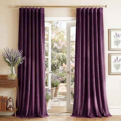 NICETOWN Dark Purple Velvet Blackout Curtains 96 inch Long for Bedroom and Living Room - Vintage Home Decor Quiet Vibe Thermal Insulated Room Darkening, Back Tape with Pleat, W52 x L96, 2 Panels