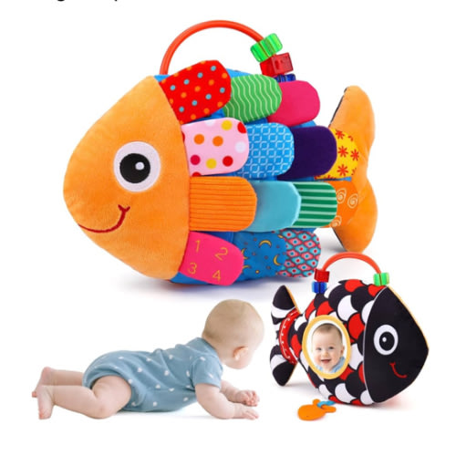 Baby Sensory Tummy Time Toys 0-6 Months Music Fish Toy for Newborn 3 4 5 6 Month Old Black and White High Contrast Infant Toys with Mirror Crinkle Rattle for 3-6 6-12 Months Baby Boy Girl Shower Gifts