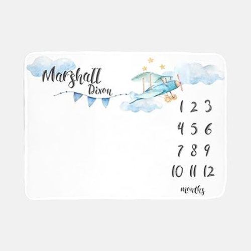 Airplane Baby Milestone Blanket, Planes and Clouds Milestone Boy Blankets, Personalized Baby Blanket, Monthly Blankets, Newborn Monthly First Year Photo Growth Chart Infant Memory Gift Set