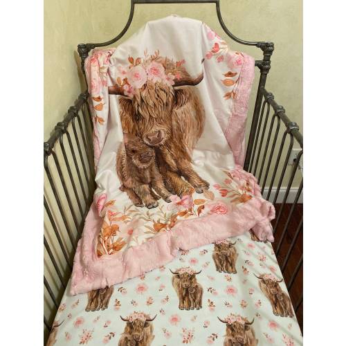 Baby Girl Crib Bedding, Soft Pink Floral Scottish Highland Cow Crib Sheet and Blanket Set, Girl Toddler Bedding, Pink Highland Cow Bedding