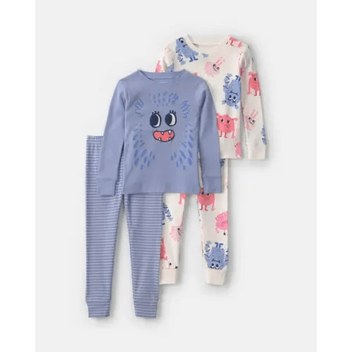 Baby Girl 4-Piece Monster 100% Cotton Snug Fit Pajama Set - Blue/Cream | Carter's