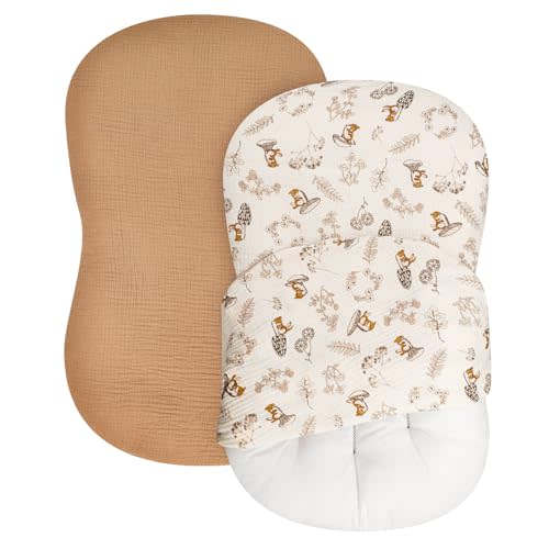 TANOFAR Muslin Baby Lounger Cover 2 Pack, Organic 100% Cotton Removable Slipcover for Newborn, Baby Padded Lounger Infant Floor Seat Cover Boys Girls, Soft and Breathable, Brown & Squirrels