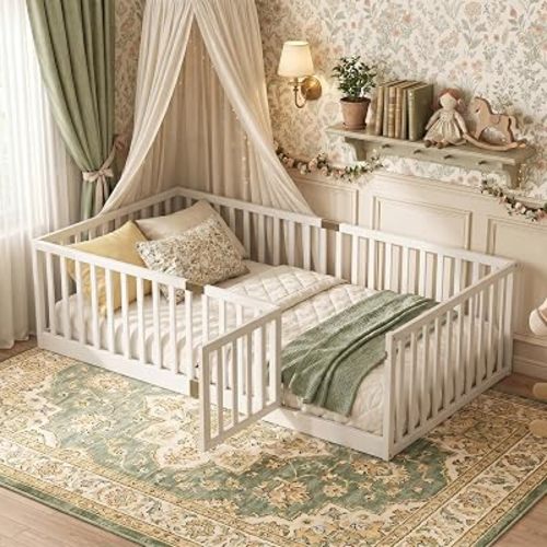 Twin Size Montessori Floor Bed with High Safety Fence, Solid Rubber Wood Kids Floor Bed Frame with Guardrails and 6 Wood Slats, Low Profile Bed with Door for Boys & Girls, White