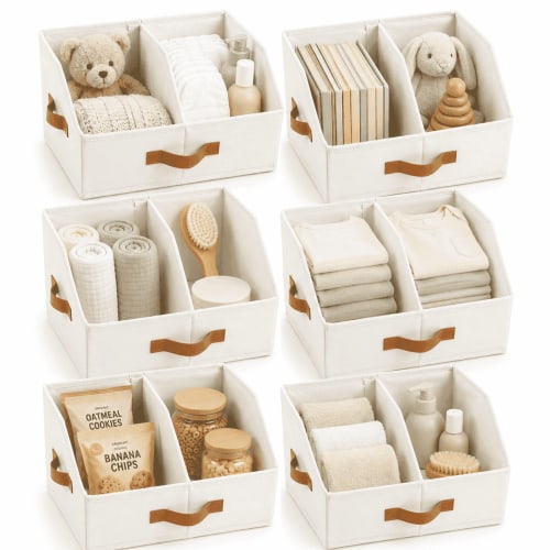 Closet Organizers And Storage - UPGRADED Trapezoid Storage Bin With Leather Handles & Adjustable Dividers, Fabric Collapsible Storage Bins For Clothes Storage & Shelf Organizer (6pcs, Small, Ivory)