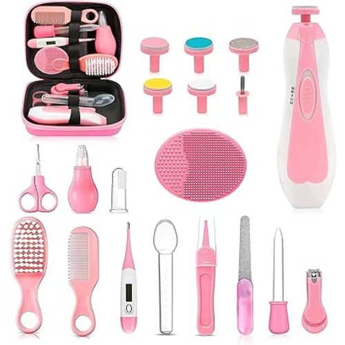 Baby Healthcare and Grooming Kit, 26 in 1 Portable Baby Safety Care Set with Hair Brush Comb Nasal Aspirator Electric Nail Trimmer Set Baby Essentials kit for Newborn Boys Girls (Pink)