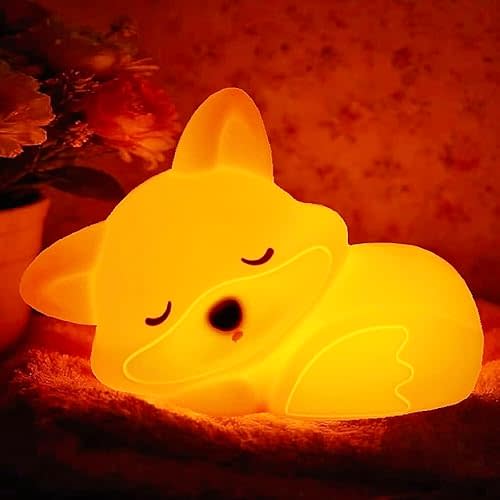 YR YRHH-PET Cute Fox Lamp, Silicone Rechargeable Dimmable Night Light for Kids, Baby Nursery Nightlight, Woodland Animal Decor, White Elephant Gifts, Touch Light Up, Safe BPA-Free, Orange