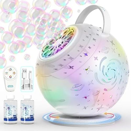 Rechargeable Bubble Machine - Auto 90°/360° Rotation, Remote Control, 7-Color LED, Larger Bubbles Design, Bubbles Maker Toys Gifts for Kids, Toddlers, Easter, Birthday, Parties, Wedding, Boys, Girls