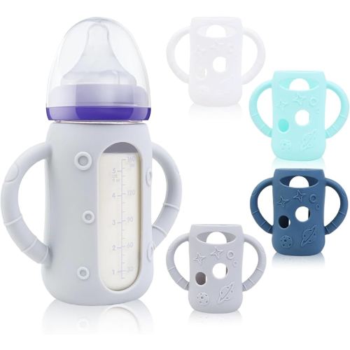 ZCH 4-Pack Silicone Sleeves for Lansinoh Glass Bottles, BPA-Free Drop-Resistant Baby Bottle Sleeves with Handles, Compatible with Lansinoh Anti-Colic Glass Baby Bottles (5 oz)
