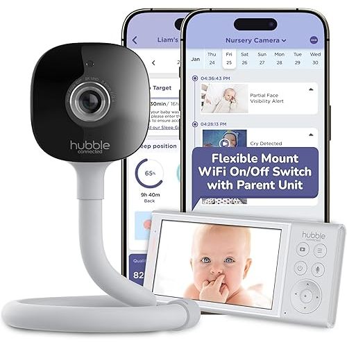 HUBBLE CONNECTED GoBaby AI Pro — Baby Monitor Camera w/Covered Face & Rollover Alert, True Cry Detection, Sleep Trainer & More — 2K Baby Camera Monitor w/Parent Unit, Flexible Mount