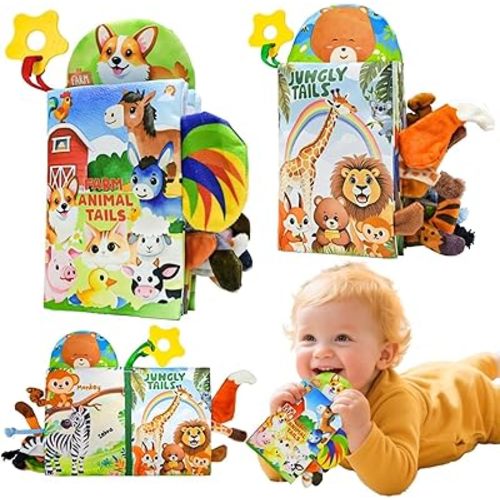 Kimicare 2 PCS Baby Books 0-6 Months, Crinkle Books for Babies, Jungle Tails Soft Cloth Book for Babies 6-12 Months, Infant Farms Sensory Book, Tummy Time Toys, Birthday Gifts Christmas