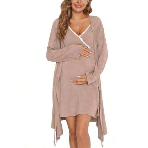SWOMOG Womens Maternity Robe 2 Piece Nursing Nightgown for Breastfeeding 3 in 1 Labor Delivery Nursing Dress Lace Bathrobe