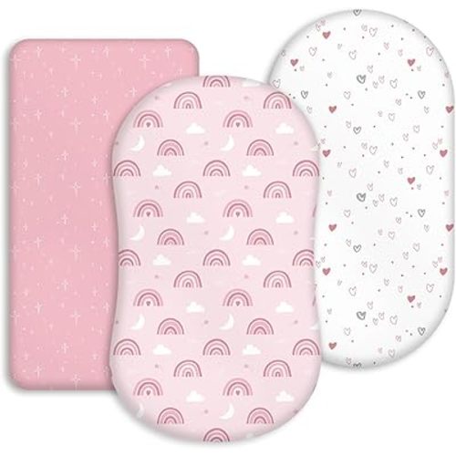 Bassinet Fitted Sheets, 3 Pack for Baby Boy and Girl, Soft Breathable Stretchy Baby Pad/Mattress Sheet Set, Universal Fit for Hourglass Oval and Rectangle Bassinet Mattress