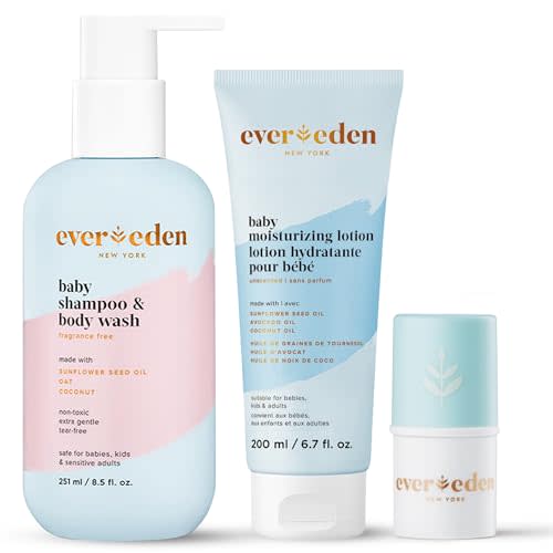 Evereden Newborn Set | 2-in-1 Baby Shampoo and Body Wash, Moisturuzing Lotion and Lip Balm | Soothing, Cleansing, & Hydrating Baby Shampoo and Lotion | Clean and Fragrance Free Skincare