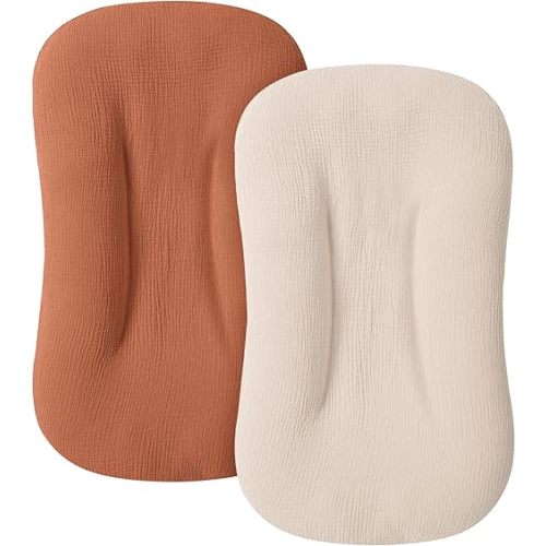 Muslin Baby Cover for Newborn, Soft and Breathable 100% Cotton Lounger Slipcover Neutral, Pack of 2(Caramel)