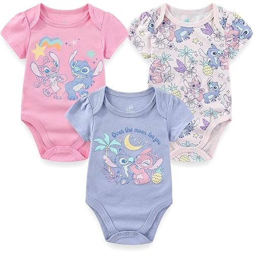 Disney Minnie Mouse Winnie the Pooh Lilo & Stitch Nightmare Before Christmas Girls 3 Pack Bodysuit for Newborn and Infants