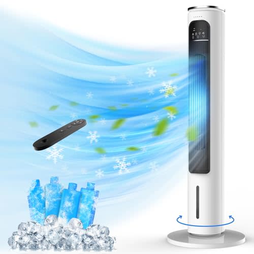 Windowless Portable Air Conditioners, 37’’ Cooling Tower Fan, Evaporative Air Cooler w/Remote, 2.5L Water Tank & Ice Packs, 12H Auto-off, 70° Oscillating, Ultra-Quiet Standing Fan For HomeOffice