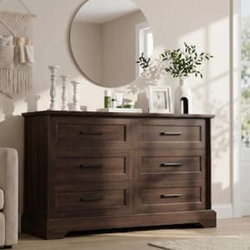 47.2 in. W 6-Drawer Wide Dresser, Wood Grain Veneer Storage Chest with Black Metal Pulls, Brown