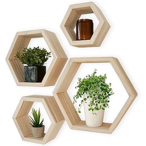 Hexagon Shelves Natural Premium Wood Floating Shelves Set of 4 Wall Shelf for Bedroom, Office, Living Room & Bathroom – Farmhouse Wall Décor - Decorative Wooden Honeycomb Shelves with Alignment Tool