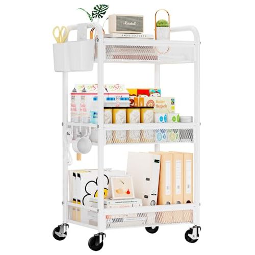 YASONIC 3 Tier Rolling Cart – Metal Utility Storage Carts with Wheels, Craft Carts Organizer with Hanging Cups, Hooks, Mesh Basket for Bedside Kitchen Office Art, White