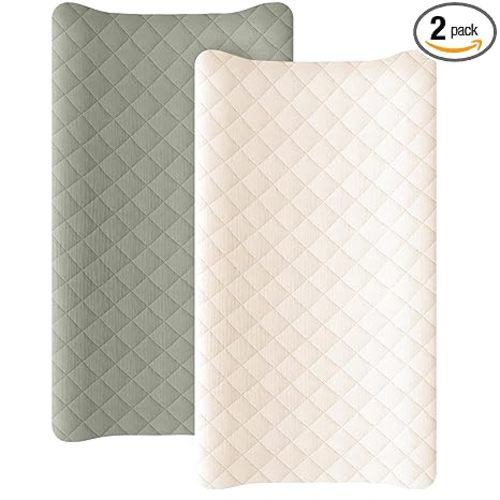 Konssy Waterproof Muslin Changing Pad Cover 2 Pack, Quilted Cotton Fitted Diaper Chang Table Cover, Soft Changing Pad Sheets for Girls Boys (Fog Green,Cream)