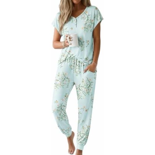 Ekouaer Viscose from Bamboo Women's Pajama Sets Super Soft Short Sleeve Button Top and Pants Pj Sleepwear Sets S-XXL