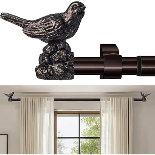 Curtain Rods 36"-120" Vintage Oil Bronze Curtain Rods for Windows Adjustable Drapery Rod with Bird Finials Heavy Duty Brown Curtains Rod for Living Room Bedroom