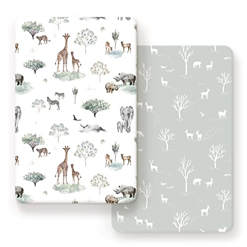GRSSDER Ultra Soft Pack and Play Sheets, Stretchy Jersey Knit Pack n Play Sheets Fitted 2 Pack, Universal Fitted Portable/Mini Crib Mattresses Safe and Snug, Pretty African Savannah Animals
