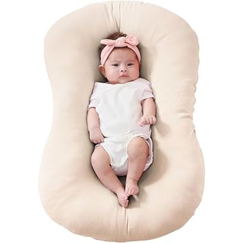 FUNUPUP Muslin Baby Lounger Cover Compatible with Snuggle Me Lounger, Infant Lounger Pillow Cover for Newborn, Removable Newborn Lounger Cover for Boys and Girls, Beige