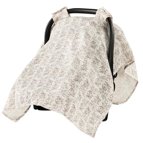 100% Muslin Cotton Car Seat Cover, Soft Breathable Car Seat Canopy for Baby, Universal Infant Carseat Sunshade, Lightweight Summer Stroller Cover for Boys Girls - Floral Print