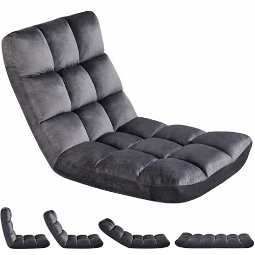 Yaheetech Floor Folding Chair with Back Support, Padded Folding Gaming Sofa Chair with 14 Adjustable Backrest, Adults Couch Recliner, Floor Seating Lounge Chair, Armless Meditation Chair, Gray