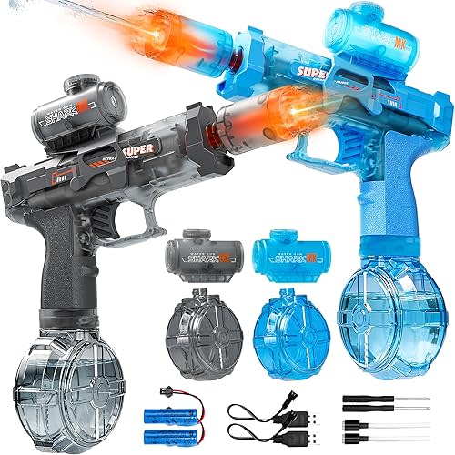 Electric Water Gun for Kids Adults, 2 Pack Automatic Squirt Gun with LED Flame Effect & Realistic Slide Action, Lightweight Rechargeable Water Blaster for Outdoor Summer Pool Beach Night Toys