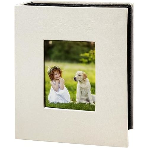 Photo Album 4x6 with 100 Pockets, Slip-in Picture Albums, Linen Cover Memory Book with Front Window, Black Page Vertical Photo Book for Wedding, Family, Anniversary, Baby, Vacation(Beige)
