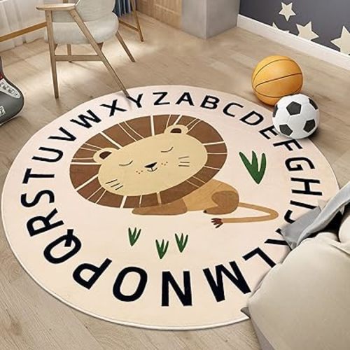 Lion Rug ABC Kids Playmat 5.2Ft Round Classroom Area Rug Large Circle Animal Rug for Baby Boys Girls Nonskid Bedroom Floor Carpet for Nursery Living Room Decor, Sleeping