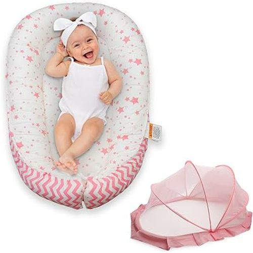 Baby Lounger for Newborn 0-24 Months, with Mosquito Net, Breathable & Soft Baby Nest, Portable & Lightweight (Pink)
