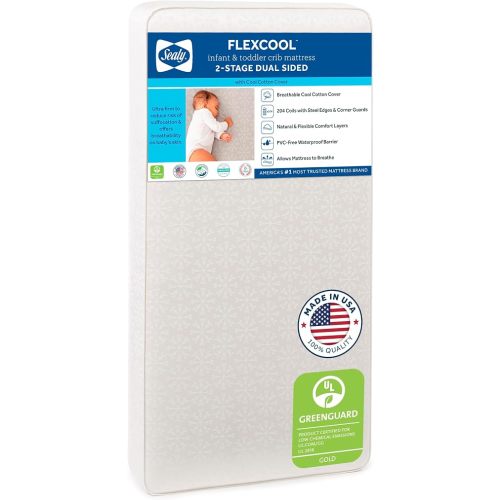 Sealy Baby Flex Cool 2 Stage Crib Mattress and Toddler Bed Mattress, Breathable Hybrid Coil Design, Waterproof Cotton Surface, GREENGUARD GOLD Certified, Standard 52x28 Size