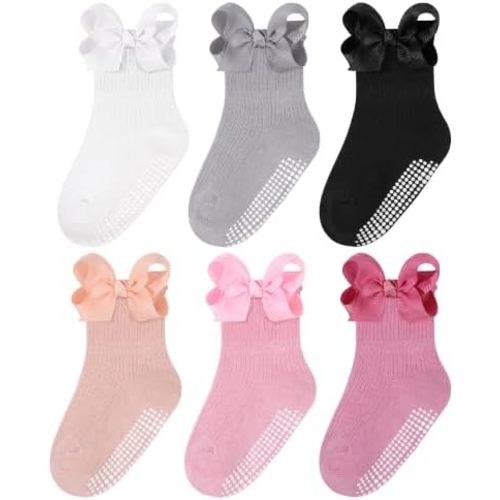 6 Pairs Toddler Girls Ruffle Grip Socks, Non-Slip Cotton Bow Socks