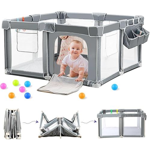 Foldable Baby Playpen 50"x50" with Mat, Out-of-The-Box Ready Playpen for Babies and Toddlers, Portable Play Yard with Breathable Mesh & Gates, Storage Bag & 4 Handlers for Indoor & Outdoor
