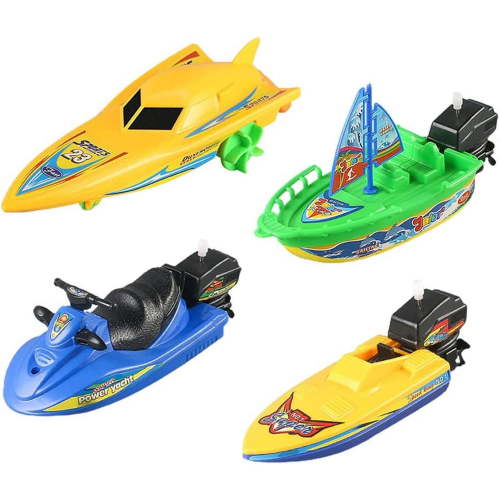 "Fixdono Wind-Up Boat Bath Toy Set, 4 Pack, Pull and Go Motorboat, Random Colors, 1.77""x1.96""x5.91"