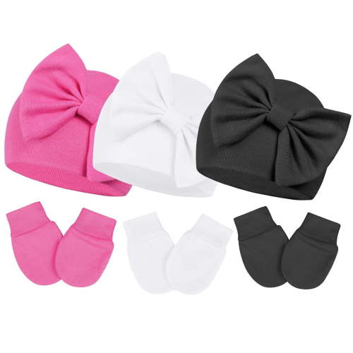 Zando Baby Knit Hat and Mittens Set, 100% Cotton, Bow Detail, Elastic Wrist, 0-3 Months