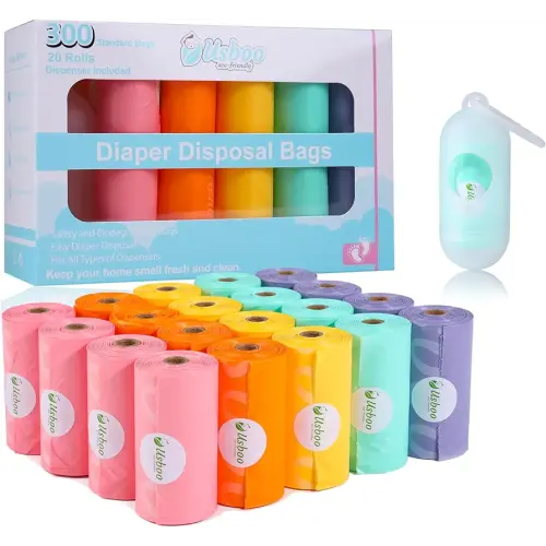 Diaper Bags Disposable for Baby, 20 Refill Rolls/300 Bags Waste Bags with Dispenser, Convenient and Quick Diaper Disposal, Rainbow
