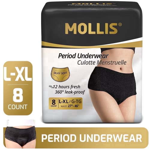 MOLLIS Disposable Period Underwear for Women, Postpartum Panties, Maternity Knickers Heavy Flow Leak Proof, Black,Large/XLarge, 8 Count