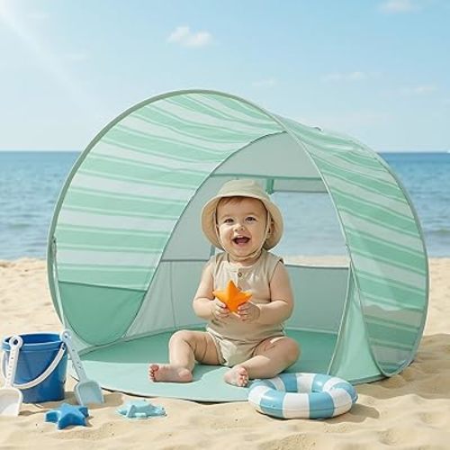Pop Up Baby Beach Tent - Baby Tent for Toddler Beach Essentials with UPF 50+ UV Protection Canopy, Portable 41.4 x 35.5 x 31.5 in Sun Shade Summer Outdoor for Infants (Green Stripes)