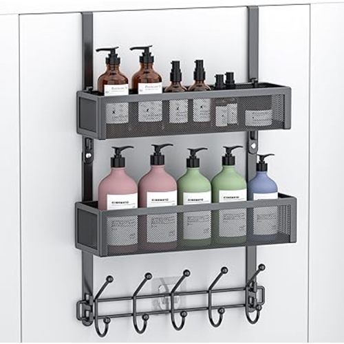 Adjustable Over The Door Hooks Organizer, Door Hanger Coat Rack with 2 Mesh Baskets and 10 Hooks, Back of Door Storage Organizer for Bedroom,Bathroom,Kitchen (Black)