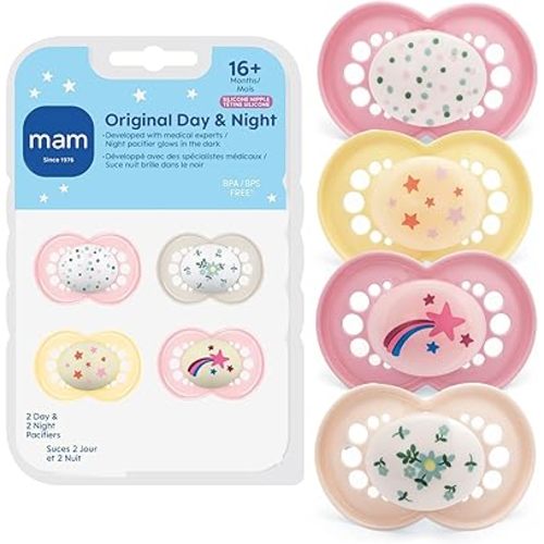 MAM Original Baby Pacifiers 16+ Months, Binky for Newborn Babies, BPA-Free Skin Soft Silicone Nipple, Glows in The Dark, Developed with Medical Experts, 4 Count, Made in Europe