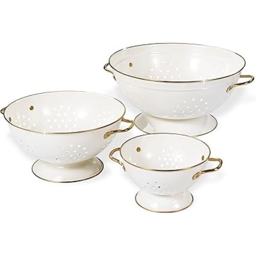 Metal Colander Set of 3, Strainer Basket with Handles perfect for Spaghetti, Pasta, Berry, Vegetable, Fruit, Solid Base Powder Coated Kitchen Essential Strainer Set, 1 & 3.5 & 5 Qt (Cream)