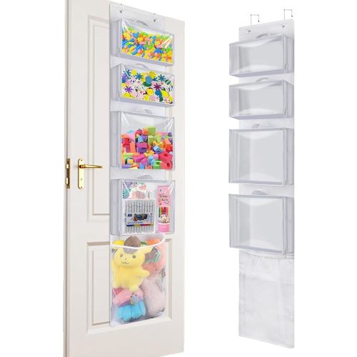 Hanging Toy Storage over Door, Block Stuffed Animal Organizer Idea with 4 Removable Case Bag, Bi-Fold Closet Holder with Mesh Pocket for Kid Boy Girl