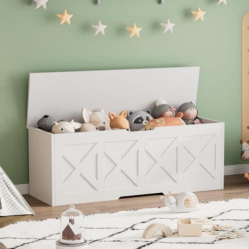 Homleke 47.2" Extra-Large Wooden Storage Chest, Farmhouse Storage Bench | Toy Box with Safety Hinge, Easy Assembly, for Bedroom, Living Room & Entryway, Greige