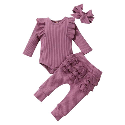 NOLDARES Baby Girl Clothes Girl Fall Winter Outfits Pants Set Preemie Clothing Headband,Purple,3-6 Months