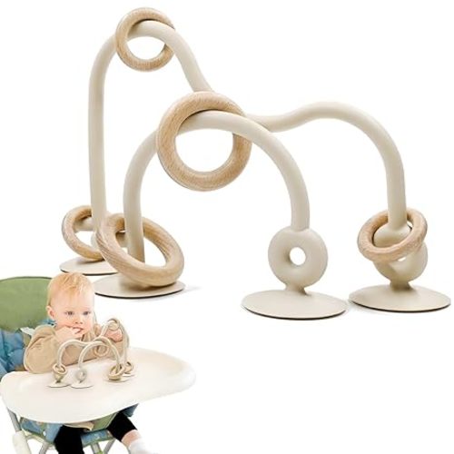 Baby Sensory High Chair Suction Toys for Infant Toddlers 12 18 Months, Food Grade Silicone String with Oak Loop Montessori Educational Parent-Child Baby Bath Toy Gift for Birthday Easter (Beige)
