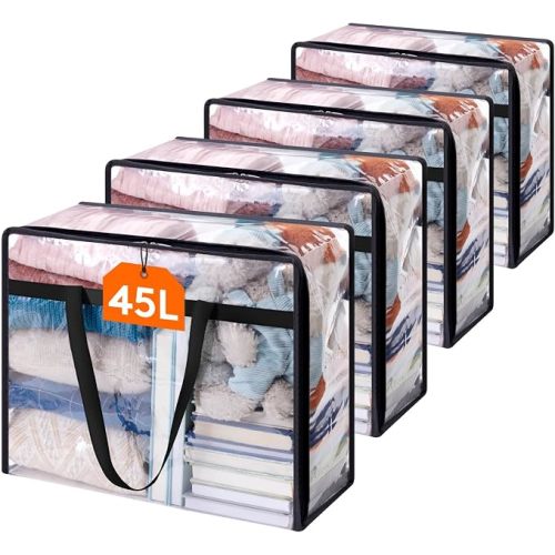 Lifewit 4 Pack Clear Clothes Storage Bags, 45L Plastic Blanket Storage Bag, Vinyl Foldable Moving Bags with Zipper, Closet Organizers and Storage Containers for Bedding, Duvet, Comforter